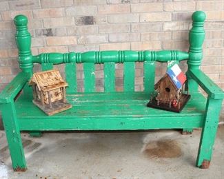 Vintage Green Paint Bench with Turned Poster  Bed Headboard Back with 2 Birdhouses