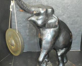 Carved Wood Elephant with Gong