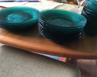 $75 26 pcs Green glass 7 plates, 10 wide bowls, 9 small bowls, 