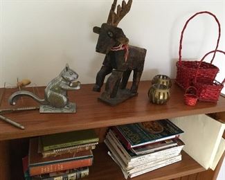 Spider $8 squirrel nutcracker $10 moose $8 brass votives $8 3 baskets $8