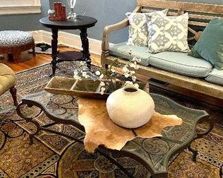 Arhaus - one of a kind - outdoor sofa/bench! Glass top coffee table, hand thrown pootery, antique ball and claw foot table etc!