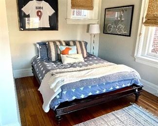 Moroccan Platform bed! Serena & Lily linens, old art posters, Signed Mia Hamm Jersey and great throw rugs!