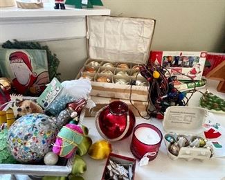 Vietri hotplate, handmade vintage ornamanets, tons of old vintage lights in original boxes, Smith and Hawken ornaments, etc.