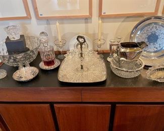 American Pattern Fostoria bowl, crystal decanter, crystal bowls