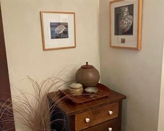 Fine art photography and small antique chest, art pottery