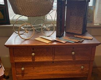 Small antique chest, antique doll buggy and doll chest