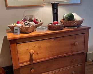 Country Empire Style three-drawer dresser. Cherrywood case, scalloped skirt. Two plank top. Original turned knobs.