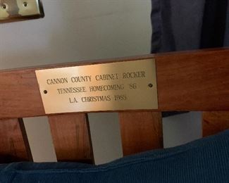 Cannon County Cabinet Rocker give to Tennessee Secretary of Finance and Administration by Governor Lamar Alexander for Christmas 1985, in honor of Tennessee Homecoming 86. Tennessee rockers were a symbol for Homecoming 86 and the Lamar Alexander Administration