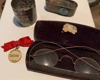 1893 Columbian Exposition napkin ring; Tennis napkin ring; Chattanooga glasses; 1898 Chattanooga Grand Lodge pin