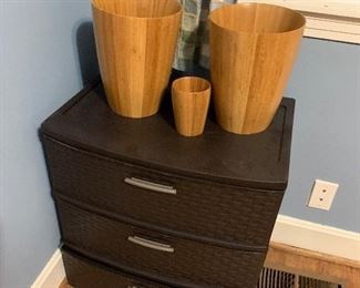 Plastic organizers; bamboo wastebaskets