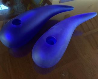 pair of DAUM blue crystal candlesticks