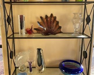 glass and iron shelf unit and art glass 