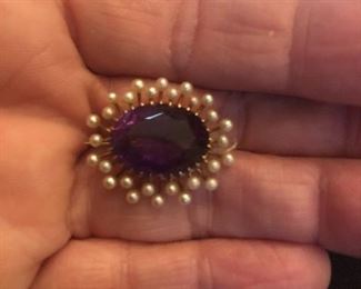 Antique 14 k stamped Amethyst brooch  surrounded by small seed pearls. Mint condition. $159 