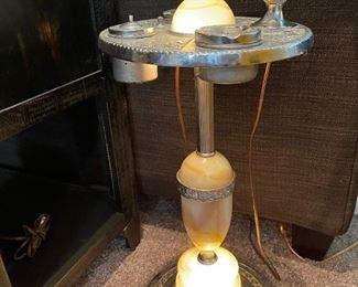 Art Deco Cigar Stand with Light Up Slag Glass and Working Electric Lighter