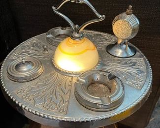 Art Deco Cigar Stand with Light Up Slag Glass and Working Electric Lighter