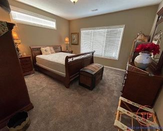 Bedroom Set by Alexander Julian Home Colours - Queen Size Sleigh Bed (Brand New Mattress Set), Two Night Stands, Dresser with Mirror, and Glass Front Armoire Dresser