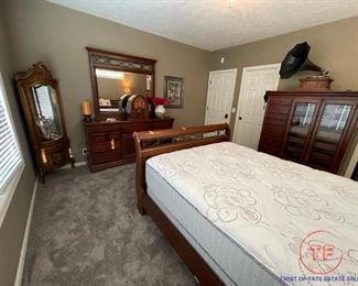 Bedroom Set by Alexander Julian Home Colours - Queen Size Sleigh Bed (Brand New Mattress Set), Two Night Stands, Dresser with Mirror, and Glass Front Armoire Dresser