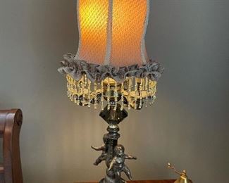 Antique Brass Cherub Lamp With Marble Accent