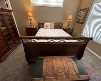 Bedroom Set by Alexander Julian Home Colours - Queen Size Sleigh Bed (Brand New Mattress Set), Two Night Stands, Dresser with Mirror, and Glass Front Armoire Dresser