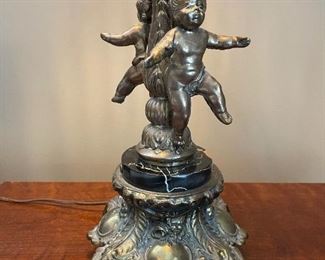 Antique Brass Cherub Lamp With Marble Accent