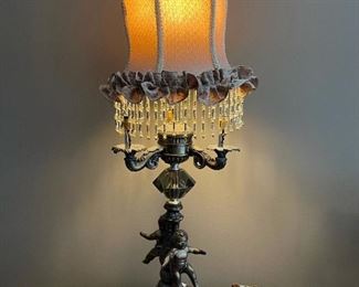 Antique Brass Cherub Lamp With Marble Accent