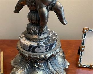 Antique Brass Cherub Lamp With Marble Accent