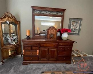 Bedroom Set by Alexander Julian Home Colours - Queen Size Sleigh Bed (Brand New Mattress Set), Two Night Stands, Dresser with Mirror, and Glass Front Armoire Dresser