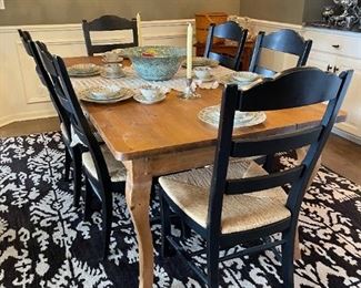 Primitive Solid Wood Dining Room Table with Distressed Ladder Back Chairs 