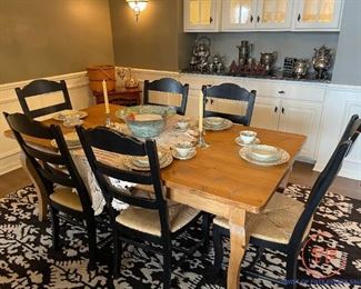 Primitive Solid Wood Dining Room Table with Distressed Ladder Back Chairs 