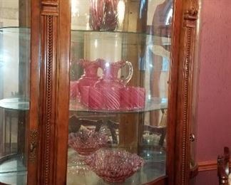 Lighted 2 side door display cabinet w/ Cranberry glass