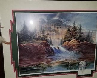 Much framed artwork. Robert Carver signed and remarked Native American framed print
