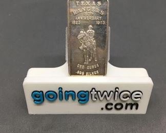 1 Ounce .999 Fine Silver 1973 Texas Rangers 150th Anniversary Silver Bullion Bar