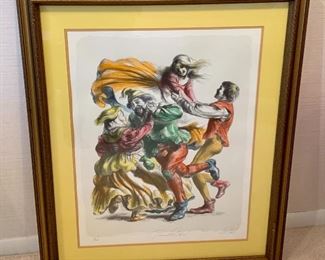 Signed and framed art by Virginia Dan (1922-2014). This wonderful piece is entitled, "Peasant Dance" and is signed in pencil and is number 166/200. This Wonderful piece of art features jovial dancers and is created with such bright and lively colors. It measures 33" x 27" and does have some small nicks in the frame. 