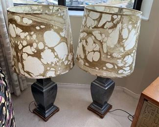 Pair of Stunning Table Lamps. These lamps have an Asian inspired flair and are paired with stunning shades consisting of a beautiful gold design. The lamps measure 37.75" tall with the shade. 