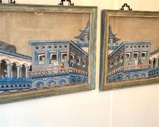 Pair of Asian Framed Art Pieces - these do appear to be original pieces of art and the details are amazing! They do have some worn spots/creases and wear to the frames. They measure 25" x 35" 