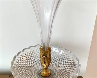 Vintage Epergne - lovely glass and gold accented piece. Please see all pictures which show wear to the gold tone base. Measures 19" high and 9" wide.