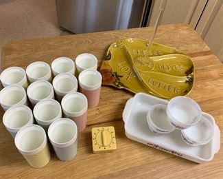 Some fun kitchen items! Includes 13 plastic vintage tumblers, Fire King dishes and a decorative serving tray.