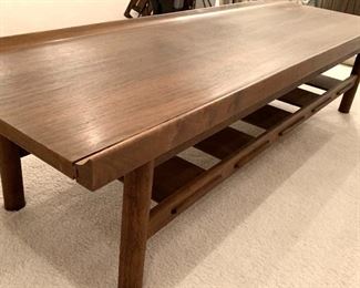 Amazing Mid Century Modern Bench - very fun bench in great condition. One very small section (see in the photos) needs a touch of wood glue. This fabulous bench measures 5' x 19" x 15" 