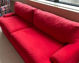 Very Soft Red Mirco Suede Sofa by Weiman Company - in very good condition. Add a splash of color to your home decor with the lovely sofa that is super comfortable! Measures about 81" L x 31" D x 26" H