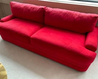 Very Soft Red Mirco Suede Sofa by Weiman Company - in very good condition. Add a splash of color to your home decor with the lovely sofa that is super comfortable! Measures about 81" L x 31" D x 26" H