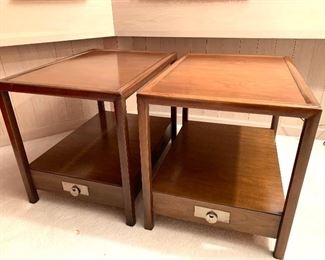 Pair of vintage end tables by Baker. Very nice clean design and awesome storage. Some slight wear on the top. Each table measures 27" D x 20" L and 22" H 