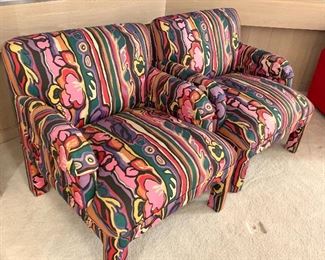 air of Contemporary Style Print Arm Chairs. Wow! Are these ever fun! Would match a variety of colors! In very good condition. These chairs each measure 29" arm to arm and the seats measure 21" x 26". 