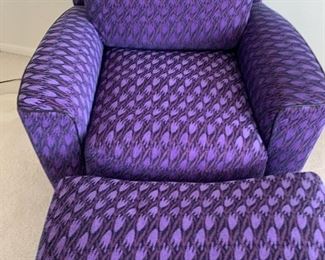 Beautiful Deep Purple Upholstered Chair and Ottoman by Swaim Upholstery. Purchased at New Contemporary Designs. The ottoman is on castors. and measures 28" x 22" x 17". The chair measures 35" x 35" arm to arm and the chair is 26" H with the seat measuring 26" x 19". Both pieces are in very good condition and they have a very nice design and are very comfortable! 