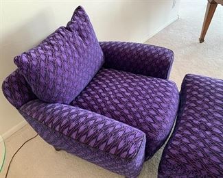 Beautiful Deep Purple Upholstered Chair and Ottoman by Swaim Upholstery. Purchased at New Contemporary Designs. The ottoman is on castors. and measures 28" x 22" x 17". The chair measures 35" x 35" arm to arm and the chair is 26" H with the seat measuring 26" x 19". Both pieces are in very good condition and they have a very nice design and are very comfortable! 