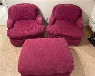 Pair of Oversized Chairs by Marge Carlson w/Ottoman. All pieces are in good condition with very light wear. All pieces are on castors. Chairs are 33" arm to arm and 28" H and the ottoman measures 34" L x 16" H x 24" W. 