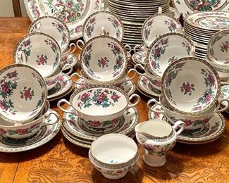 Ansley China Set- Indian Tree. This set includes a mix of older and reproduction pieces. 

20 dinner plates 
20 salad plates 
18 cream under plates and 17 "creams"
Creamer/Sugar Set
One serving dish 
16 teacups and 17 saucers