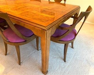 Gorgeous Dining Room Table/Chairs - appears to be burl walnut and the top is simply stunning! The chairs have a lovely curve to them in a very nice mid century design.  You could host amazing dinner parties at this fabulous dining table.  The table measures 75" x 45"W x 32".