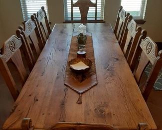 Thursday Friday Saturday Sunday
$3,603 $3,153 $2,702 $2,252 Texas Star Oak Table Set includes Table & 8 Chairs (2 Arm, 6 Side). Chair cushions are real cowhide leather. Table is 95" x 40". Hand crafted in Mexico from solid oak wood repurposed from a barn in Florence, TX