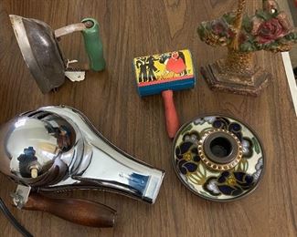 Old wooden handled hair drier, old iron, Gouda vase, doorstop..