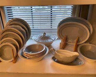 7- RARE China set HARKER pate sur pate dove grey and white -11 lunch plates , 6 dinner plates, 8 sandwich plates, 10 soup plates, 18 B&B plates, 6 dessert, 5 bowls, 8 small pudding bowls, 15 cups & 10 saucers, 6 serving pieces- total 103 pieces 
(very good condition a couple of plates have rim a bit chip) 		$295 for the set. 
